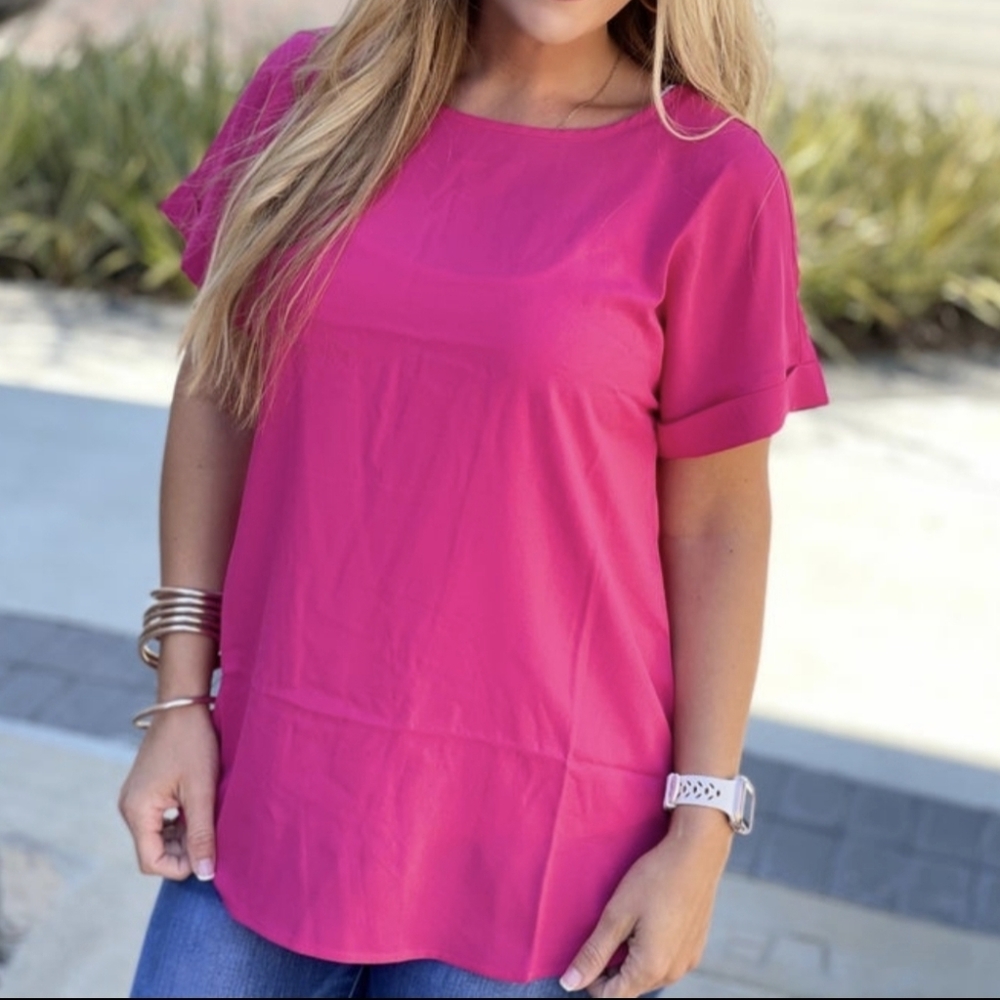 Zenana Rolled Sleeve Dressy Top - Hot Pink - XL